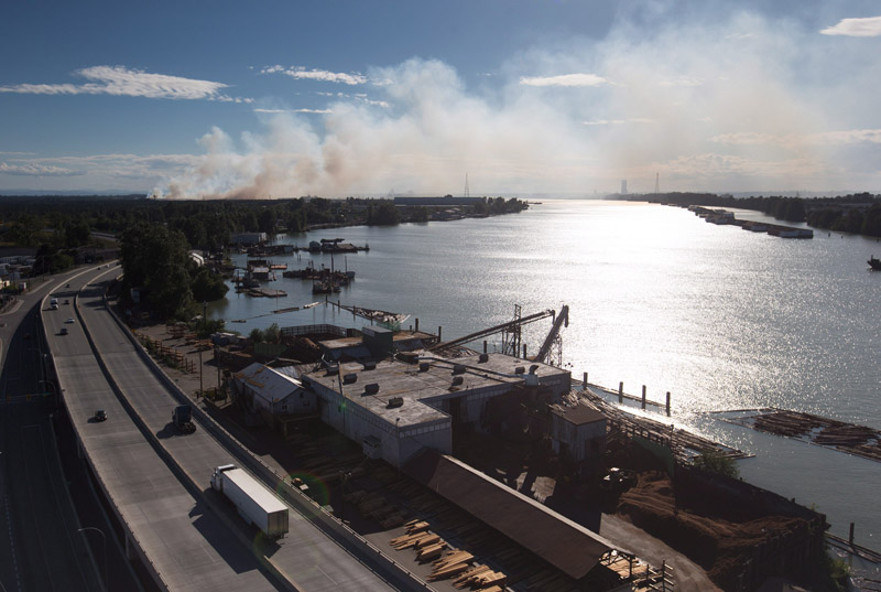 Smoke rises from a fire burning at Burns Bog in Delta, B.C., on Sunday, July 3, 2016. THE CANADIAN PRESS/Darryl Dyck