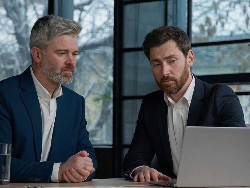 Business meeting in office, looking at a contract
