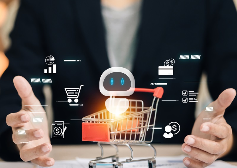 Artificial intelligence chatbot with shopping cart symbolizing e-commerce, online retail, digital marketing and automated customer service for future business solutions.